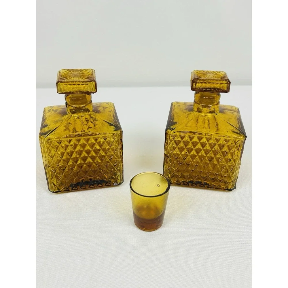 Vintage Amber Square Diamond Point Decanters Glass Stopper Shot Glass MCM Set